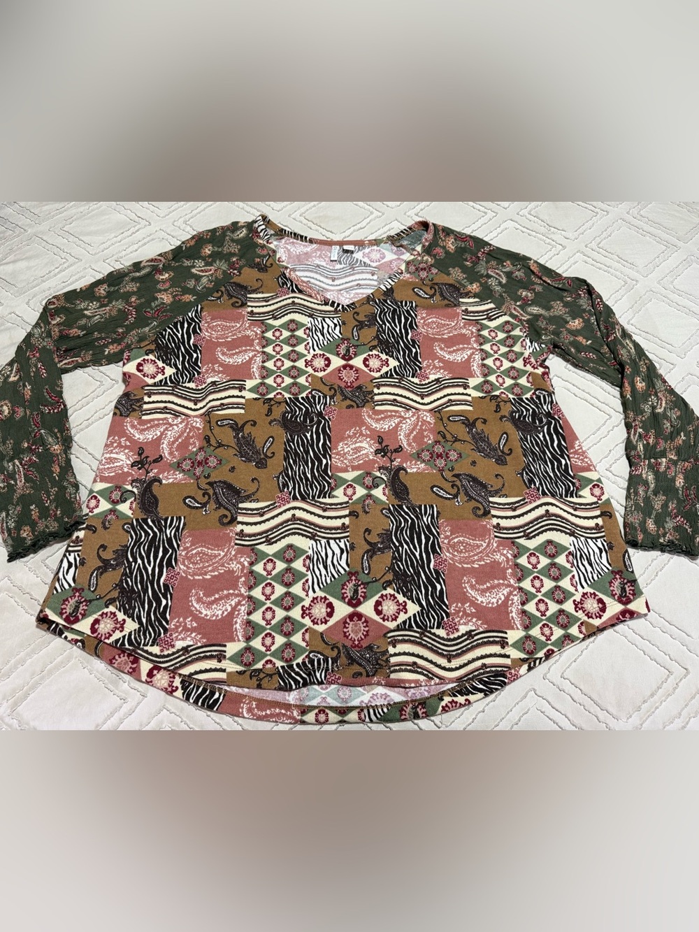 Cato Patchwork Paisley Long Sleeve Shirt in Green, Pink & Tan